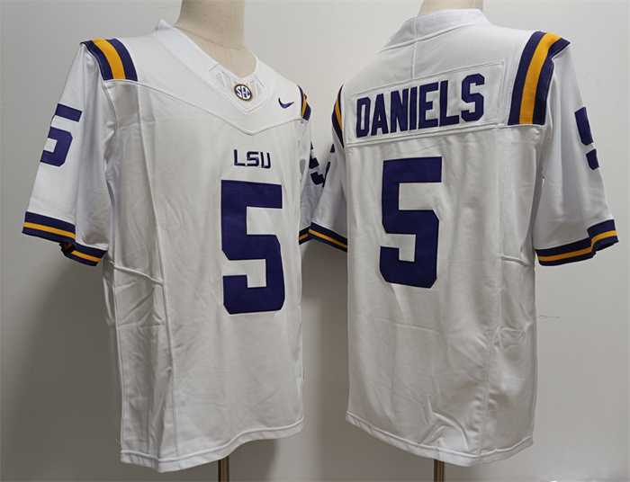 Mens LSU Tigers #5 Jayden Daniels White Stitched Jersey->->NCAA Jersey